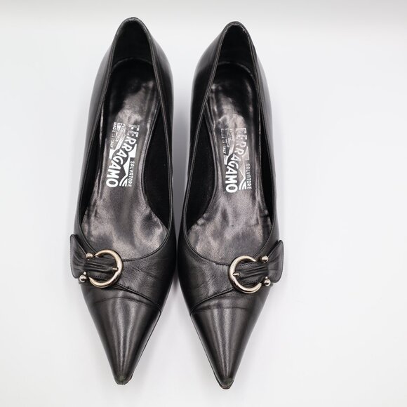 Salvatore Ferragamo Black Leather Kitten Heel Pumps Womens Size 6.5 Pointed Toe - Picture 6 of 16